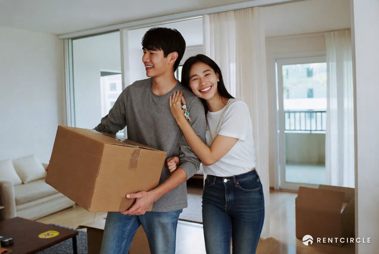 Young couple carrying a moving box into their new rental, keys in hand