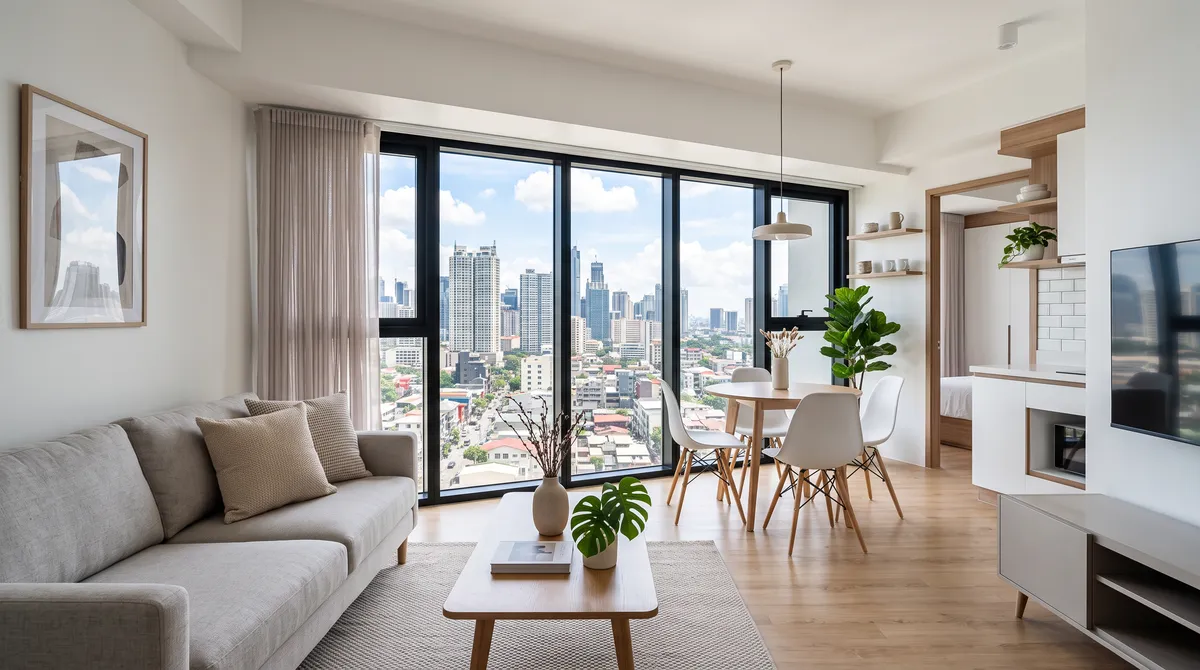 Bright, fully furnished one-bedroom Metro Manila condo interior with floor-to-ceiling windows and a city view