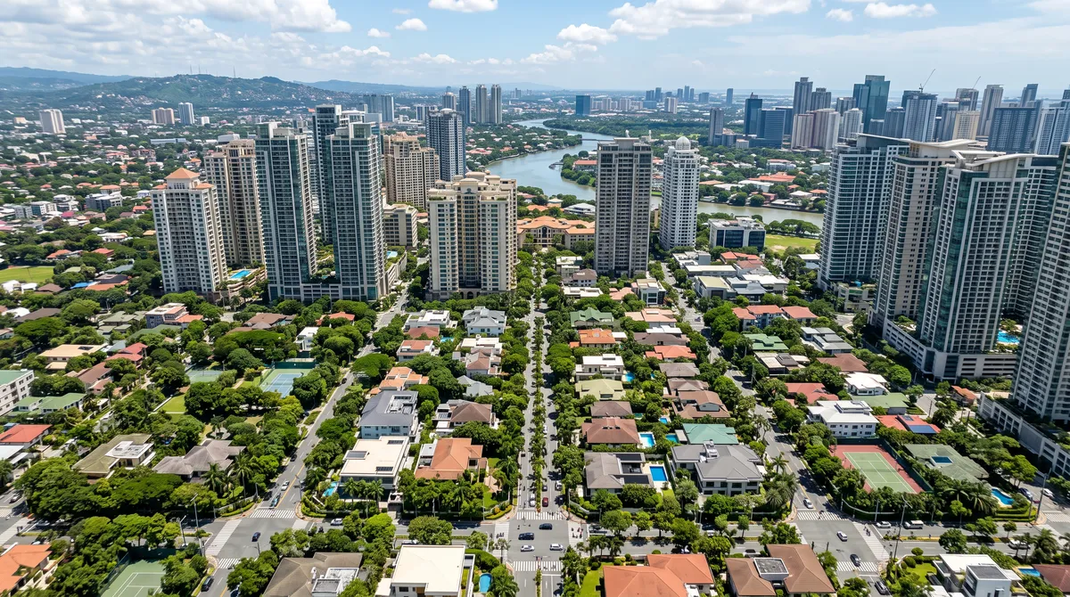 Aerial view of an upscale Metro Manila residential district mixing condominium towers with tree-lined streets
